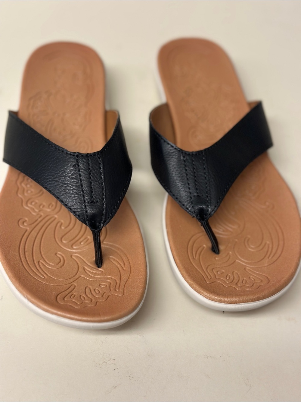 Born Black Leather Thong Sandals with Tan Footbed